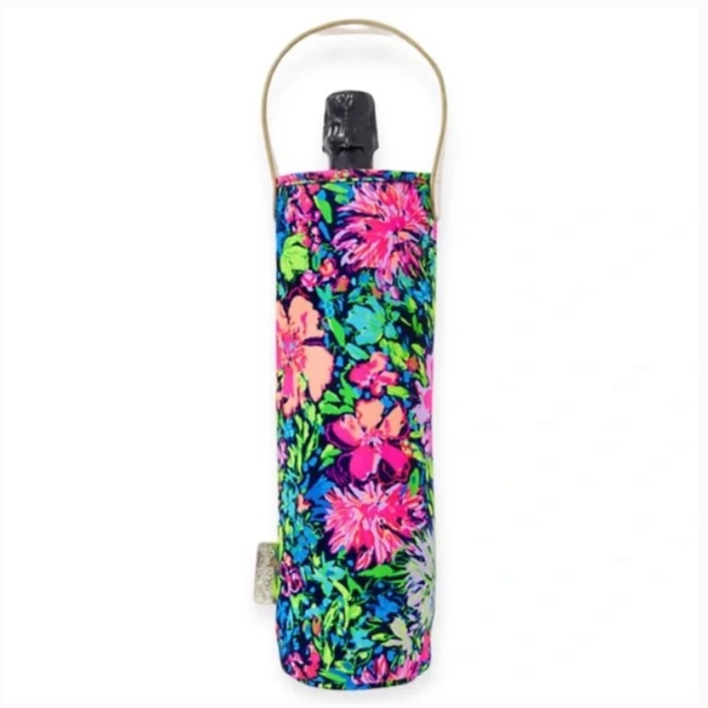 LILLY PULITZER INSULATED WINE BAG GOLD SAFFIANO LEATHER HANDLE NEW